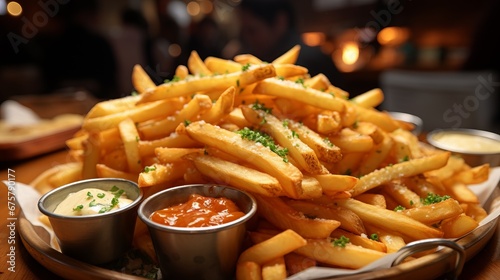 Salted French fries in bowl on a wooden tray