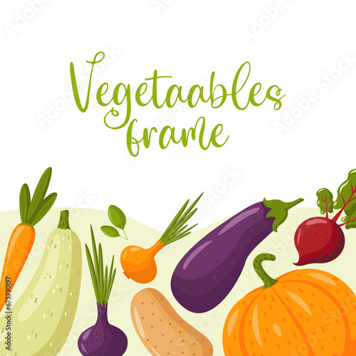 Farm autumn vegetables frame with space for text vector graphics. Pumpkin,beet,carrot,onion,carrot,potato,zucchini and eggplant.