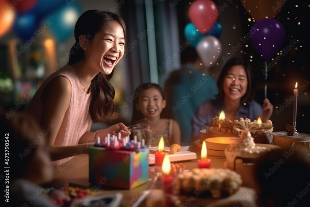 A beautiful young girl and her Asian family have fun celebrating their birthday with a birthday cake and candles while smiling for the camera. Celebrate children's birthdays with family A beautiful young girl and her Asian family have fun celebrating their birthday with a birthday cake and candles while smiling for the camera. Celebrate children's birthdays with family