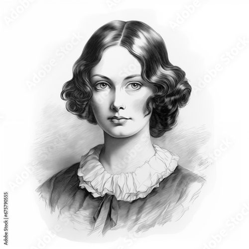 Black and white vintage engraving, headshot portrait of Emily Bronte the English novelist and poet, white background, greyscale - Generative AI photo