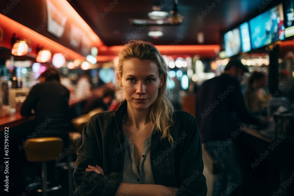 Portrait of a young woman in a pub. Blurred background.