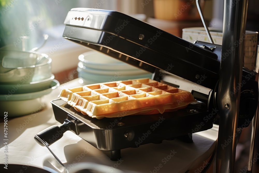 Waffles in an electric waffle iron on a white background. Homemade