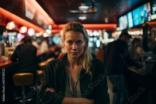 Portrait of a young woman in a pub. Blurred background. © Nerea