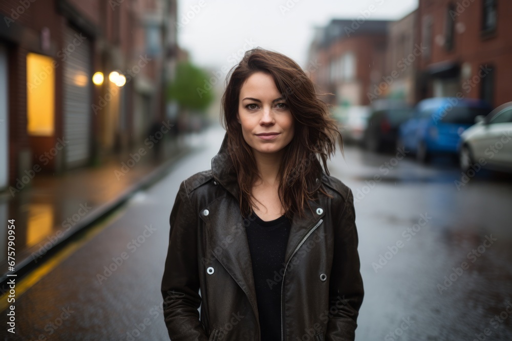 Young beautiful woman in a black leather jacket on an urban background.