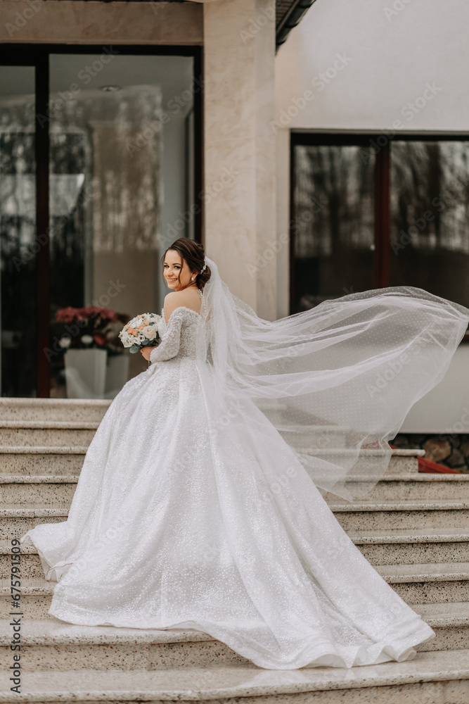 The bride in a white dress with a train and a long veil poses in nature, holding a bouquet. Walk. Winter wedding in nature. The bride in a white dress with a train and a long veil poses in nature, holding a bouquet. Walk. Winter wedding in nature.