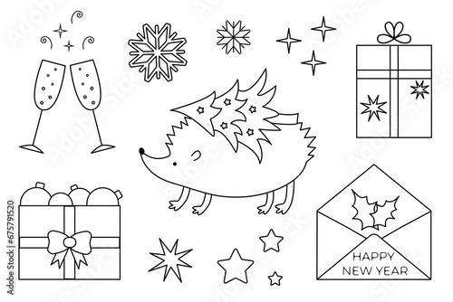 Christmas objects set. Line vector illustration. Drawing of hedgehog carrying Christmas tree on back. Holiday decoration, champagne glasses, gift box and envelope. Happy New Year greeting text design.