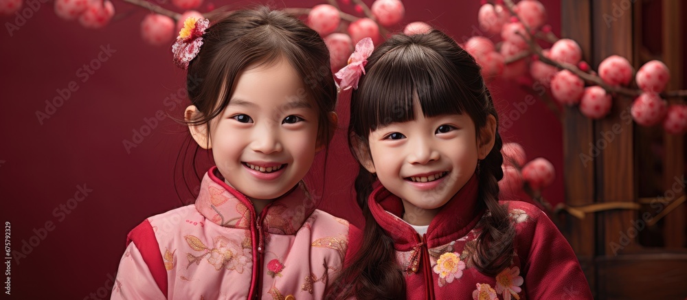 happy smiling Chinese girls wearing red traditional clothing for Chinese new year happy smiling Chinese girls wearing red traditional clothing for Chinese new year