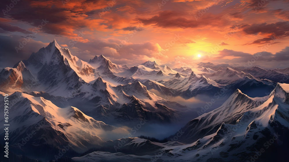Spellbinding sunset cascading warm hues upon the snow-capped peaks of the Swiss Alps Ai Generative 