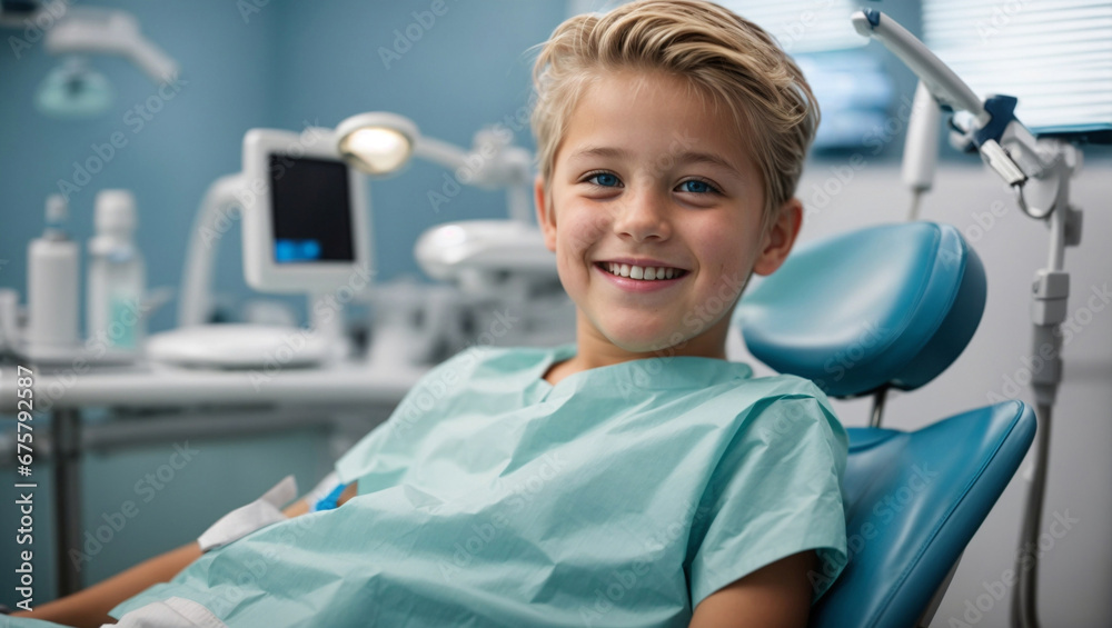A smiling young blond boy in a dental chair. Examination by a dentist. A smiling young blond boy in a dental chair. Examination by a dentist.