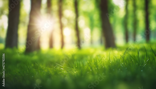 Defocused green trees in a park or forest with sunlight beaming through untamed grass Beautiful natural background of summer and spring.
