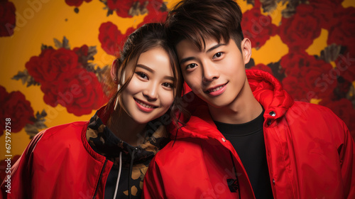 happy smiling Chinese couple wearing red traditional clothing for Chinese new year