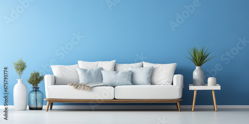 White modern upholstered cushioned sofa with blue wall art photo