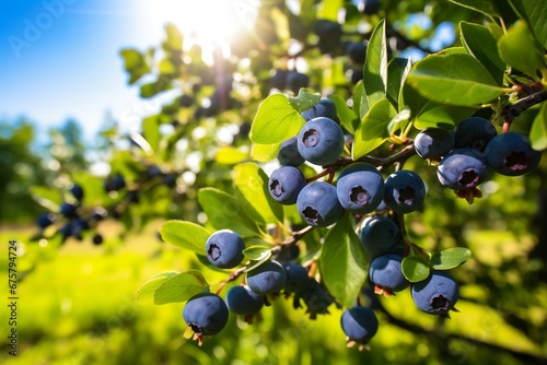 Sunny Harvest: Ripe Blueberry Plants in an Orchard on a Bright, Sunny Day
