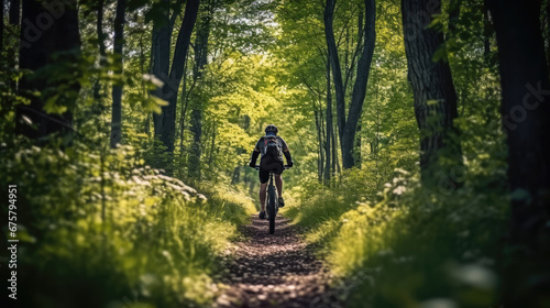 A person is riding a bicycle on a path in the mountains, AI generated