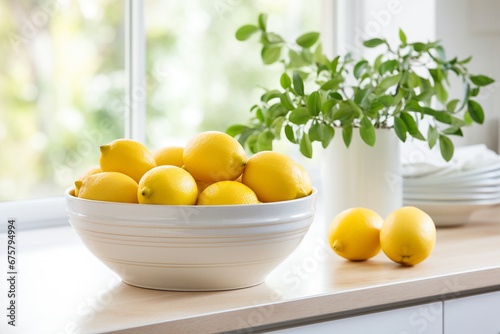 Fresh Citrus: Bowl of Lemons in a Bright, White Kitchen, Embodying Cleanliness and Freshness