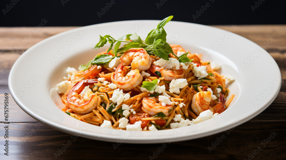 Orzo pasta cooked in tomato sauce with king prawns.
