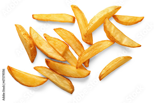 Potato fries top view. cut out on transparent photo
