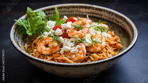 Orzo pasta cooked in tomato sauce with king prawns.