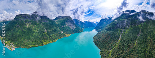 Aerial view above the mountains, fjords and lakes of Norway during summer  photo