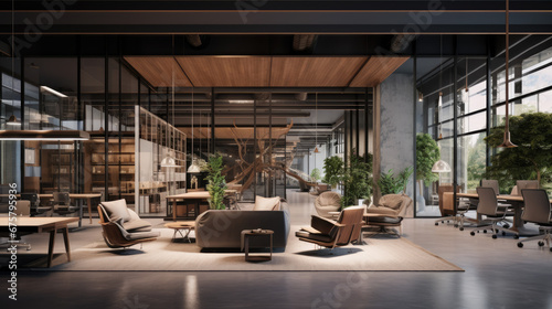 Blurry Background of a Modern Open-Design Office Space with Furniture