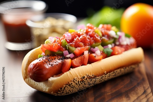 Windy City Classic: Chicago-Style Hot Dog nestled in a Poppy Seed Bun, topped with Tomatoes and Sweet Relish
