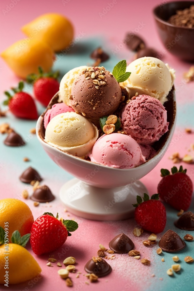 Mixed ice cream scoops in bowl with fresh fruits, berries and chocolate candies. Mixed ice cream scoops in bowl with fresh fruits, berries and chocolate candies.