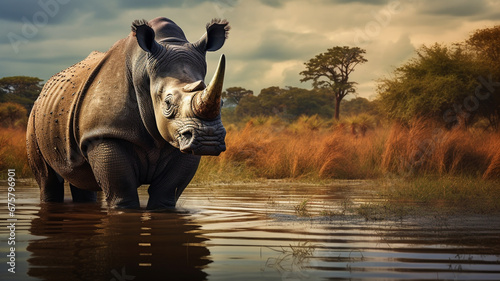 A wild rhino stands in the middle of a swamp.