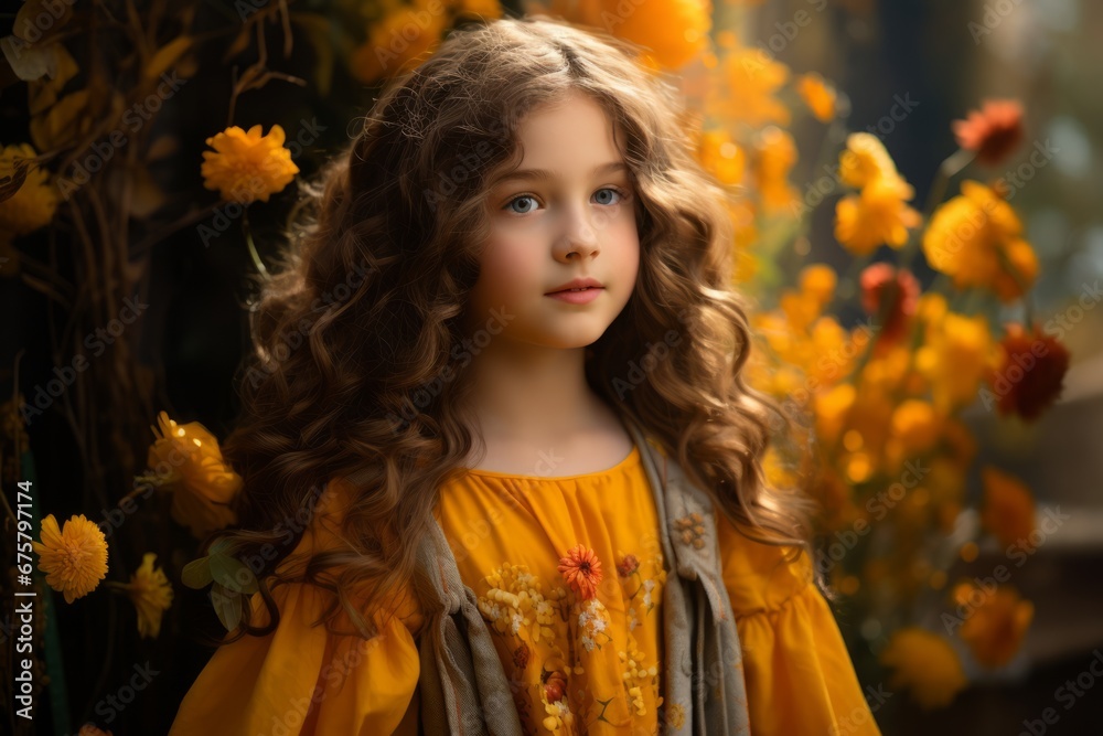 Portrait of a beautiful little girl with long curly hair in a yellow dress. Portrait of a beautiful little girl with long curly hair in a yellow dress.