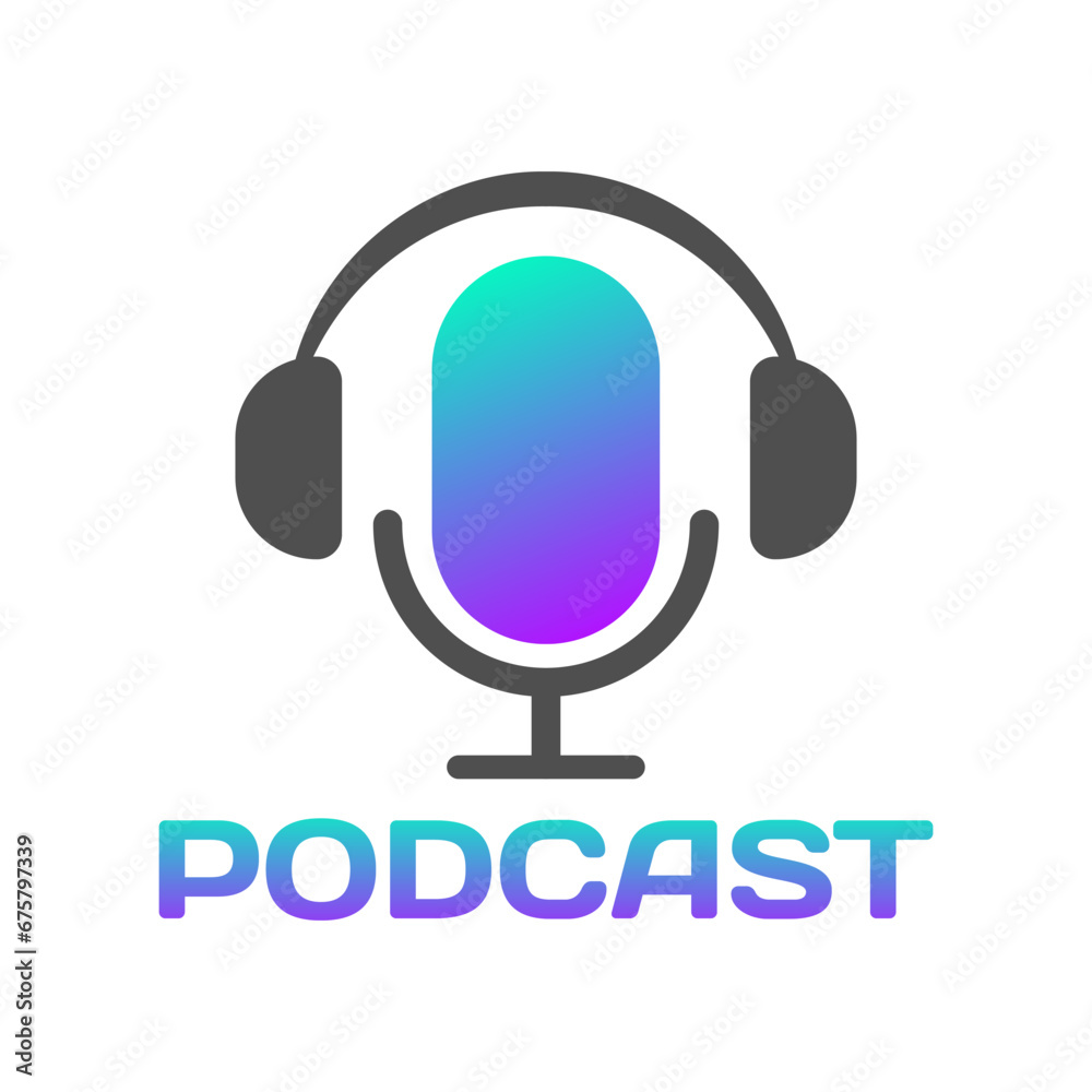 Podcast sign. Flat, purple, megaphone icon with headphones, podcast sign. Vector icon Podcast sign. Flat, purple, megaphone icon with headphones, podcast sign. Vector icon