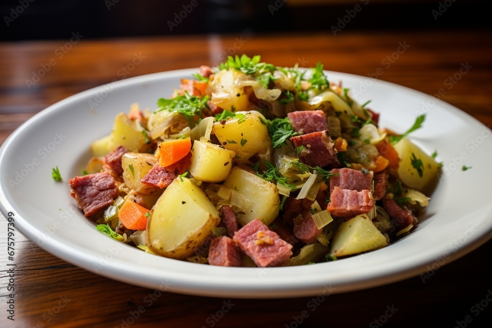 Savory Medley: Corned Beef Hash with Potatoes, Cabbage, and Carrots, a Hearty Blend of Comforting Flavors