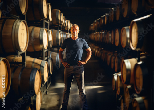 Portrait of a winemaker, looking at the camera, in his cellar amidst barrels of wine.  Generative ai photo