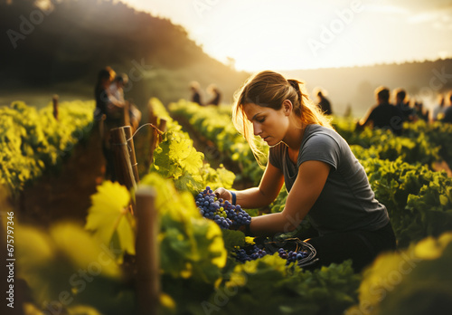 A young woman harvesting grapes in the vineyard at sunset, with her coworkers in the background. Backlight. Generative ai