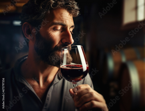 Close-up portrait of a winemaker breathing in the aromas of a red wine by holding a glass up to his nose. Cellar with barrels in background. Generative ai photo