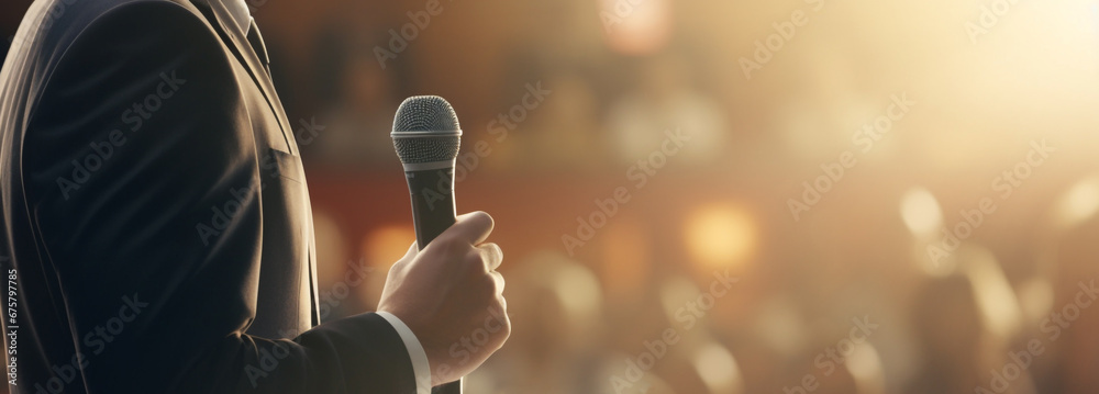 The hands of a politician in a suit holding a microphone - obrazy, fototapety, plakaty 