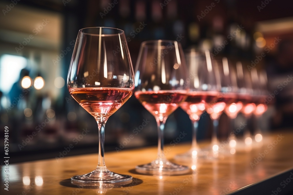 Wine Voyage: Flight of Tasting on a Bar Counter with a Subtly Blurred Background, Inviting Enthusiasts to Savor the Experience