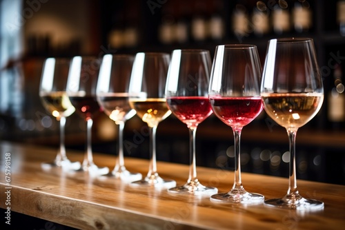 Wine Voyage: Flight of Tasting on a Bar Counter with a Subtly Blurred Background, Inviting Enthusiasts to Savor the Experience