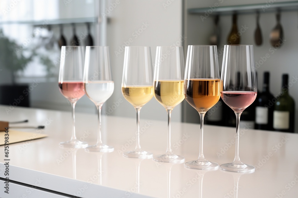 Wine Connoisseur's Palette: Flight of Wine Set for Tasting, Arranged on a Counter in a Chic White Kitchen Wine Connoisseur's Palette: Flight of Wine Set for Tasting, Arranged on a Counter in a Chic White Kitchen