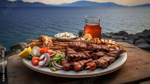 美しいギリシャ海岸を背景にしたスブラキ料理GenerativeAI