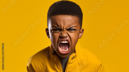 Angry irritated African American boy on yellow background © sema_srinouljan