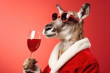 Portrait of a funny Christmas reindeer wearing red sunglasses with a glass of red wine in his paw on a red background.