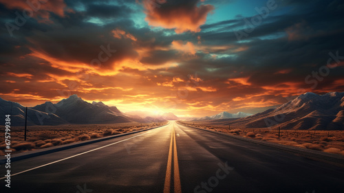 beautiful sunrise sky with asphalt highways road in rural
