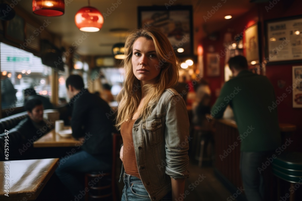 Beautiful young woman sitting in a pub and looking at the camera