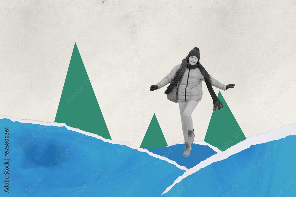 Collage retro sketch image of carefree cheerful lady walking enjoying x-mas weather isolated painting background