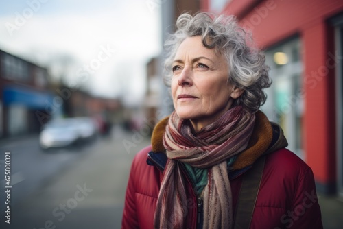 Portrait of a senior woman in a city street, looking away