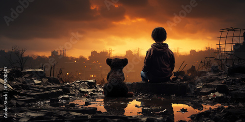 Bambino con orsacchiotto guarda un panorama distrutto e desolato. Ai generated. photo
