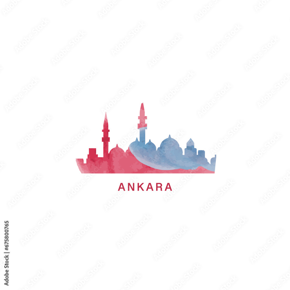 Obraz premium Ankara watercolor cityscape skyline city panorama vector flat modern logo, icon. Turkey town emblem concept with landmarks and building silhouettes. Isolated graphic