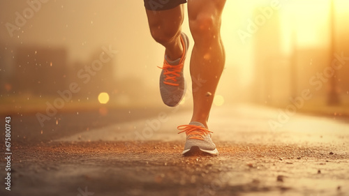 young runner sprinting in the morning. - Close up feet