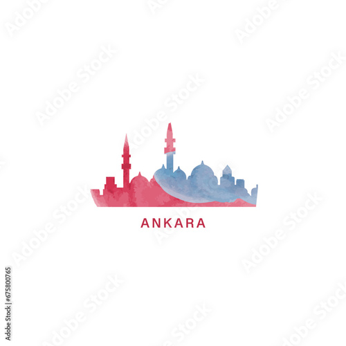 Ankara watercolor cityscape skyline city panorama vector flat modern logo, icon. Turkey town emblem concept with landmarks and building silhouettes. Isolated graphic