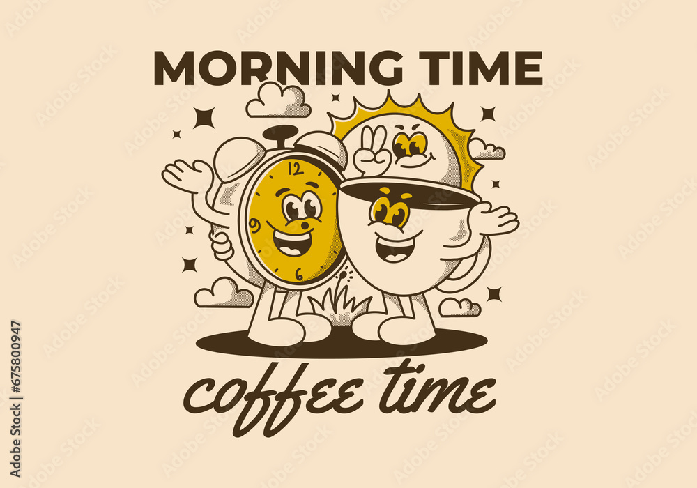 Morning time, coffee time. Mascot character of coffee cup, alarm clock and a sun Morning time, coffee time. Mascot character of coffee cup, alarm clock and a sun