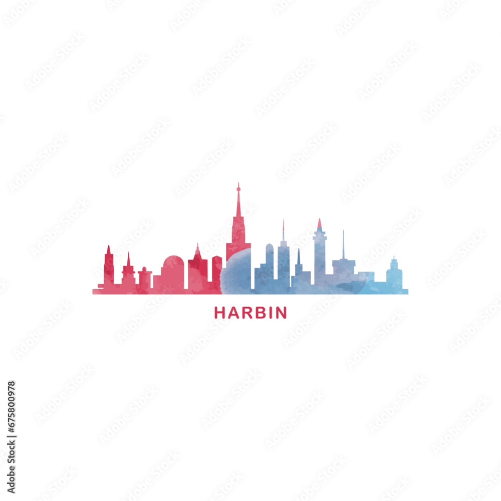 Harbin watercolor cityscape skyline city panorama vector flat modern logo, icon. China metropolis emblem concept with landmarks and building silhouettes. Isolated graphic